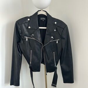 Danielle Bernstein Black Faux Leather Cropped Biker Jacket